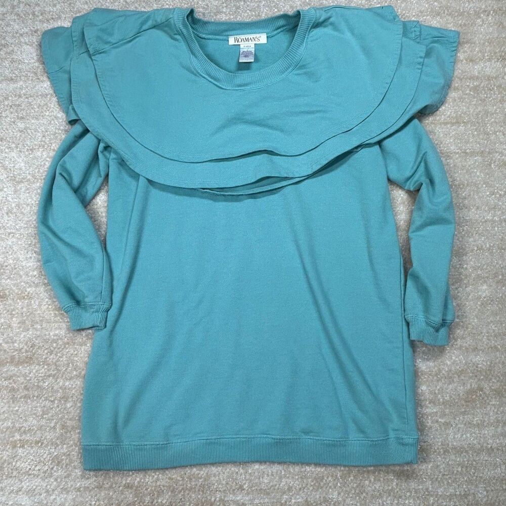 Roaman's Sweater Womens S Teal Ruffle Yoke Long Sleeve Ribbed Hem Cotton Blend